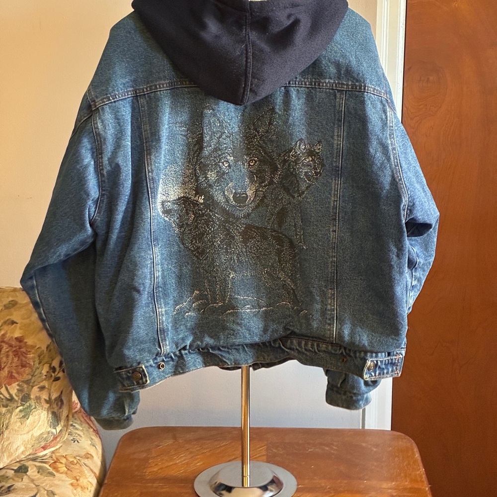 Denim Hoodie Jacket with Wolf Design